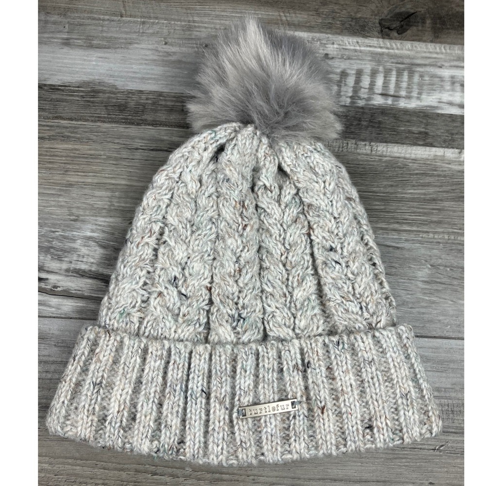 Turtle Fur Cable Knit Fleece Lined Pom Beanie Oatmeal Grey Speckled Winter Hat
